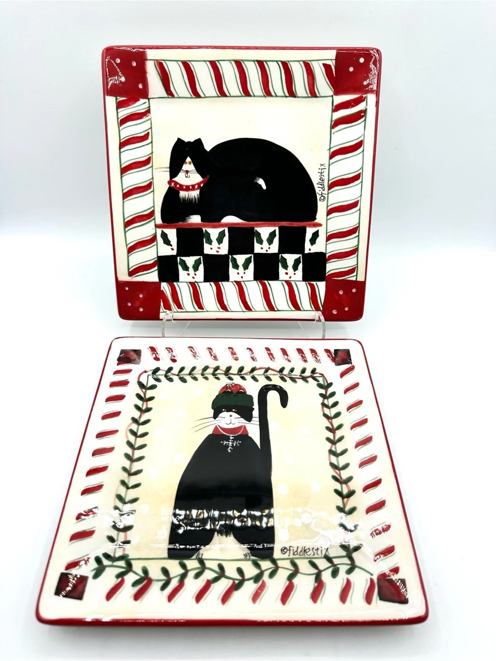 Oneida Christmas Candy Cane Cats. Dessert plates 8 x 8”